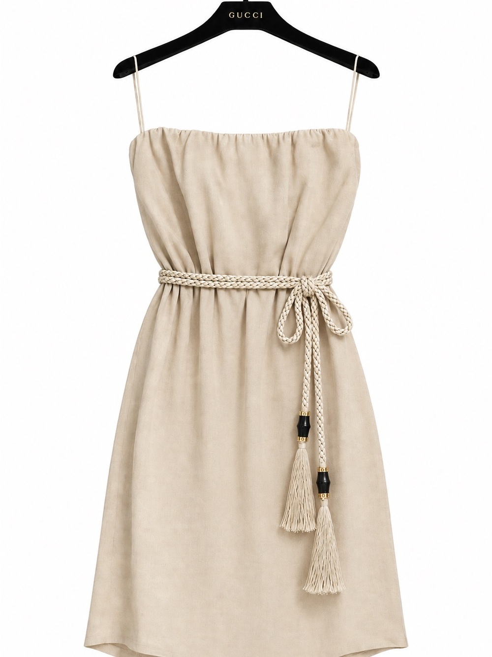 Vintage Gucci Beige Strapless Mini Dress with Braided Tassel Belt